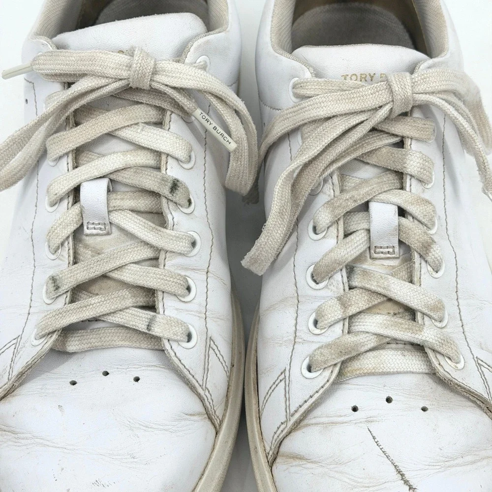 Tory Burch Howell Court Sneakers White Leather Navy Logo Low Top Womens Shoes‎ 9
